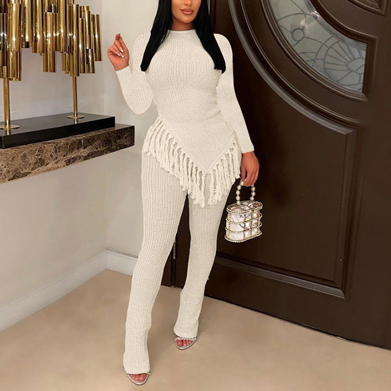 Solid Long Sleeve Fringe Top & Pants Set