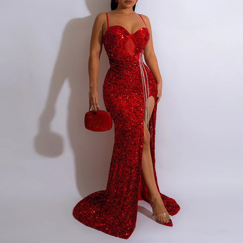 Sequin High Slit Spaghetti Strap Maxi Dress