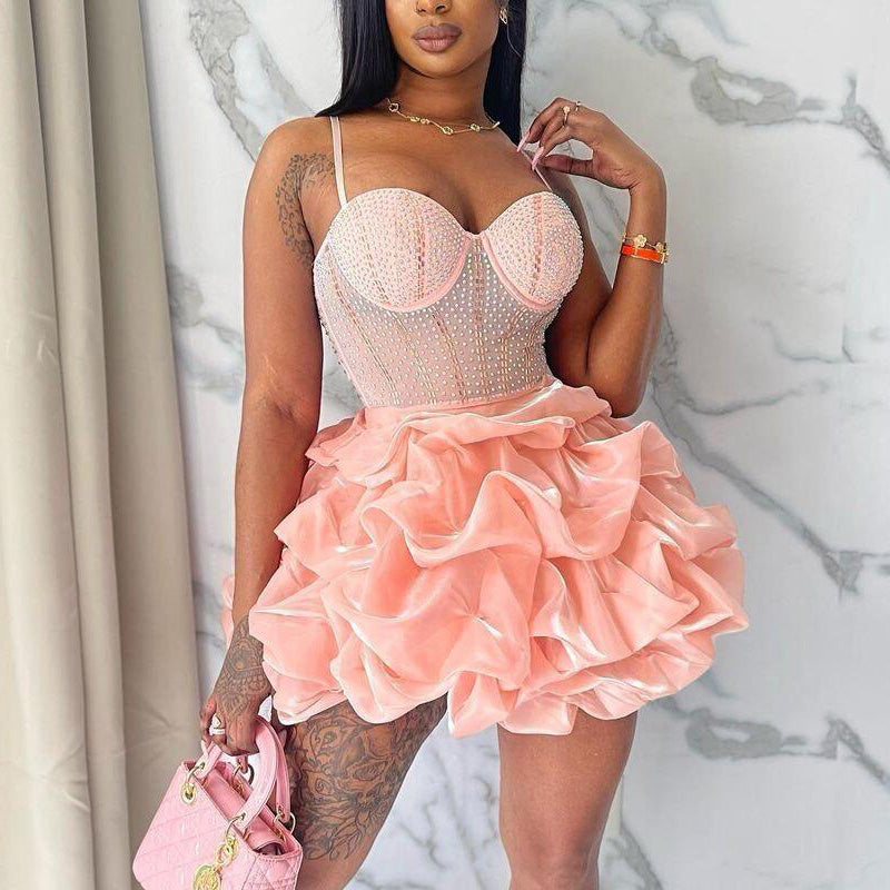 Rhinestone Spaghetti Strap Layered Mini Dress