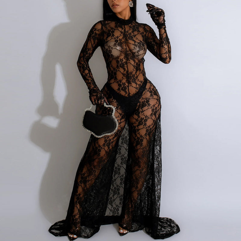 Lace Backless Sheer Mesh Long Sleeve Jumpsuit