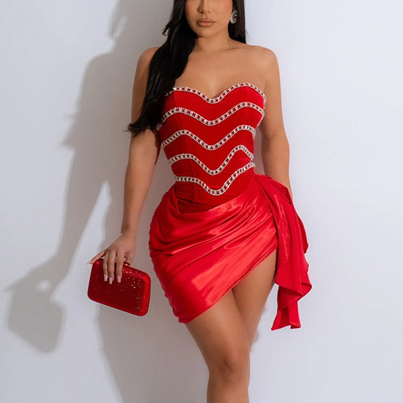 Rhinestone Bandeau Ruched Bodycon Dress