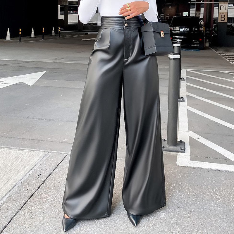 PU Button Design High Waist Wide Leg Pants
