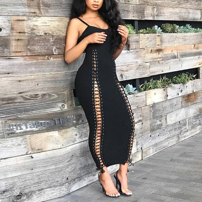 Solid V-Neck Sleeveless Hollow Out Lace Up Maxi Dress