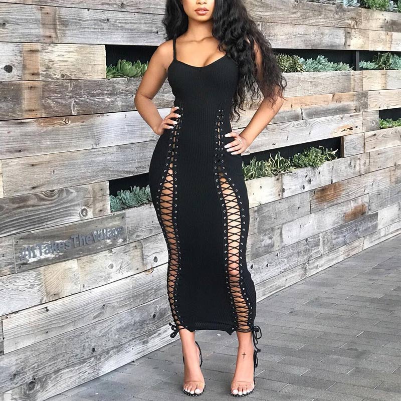 Solid V-Neck Sleeveless Hollow Out Lace Up Maxi Dress
