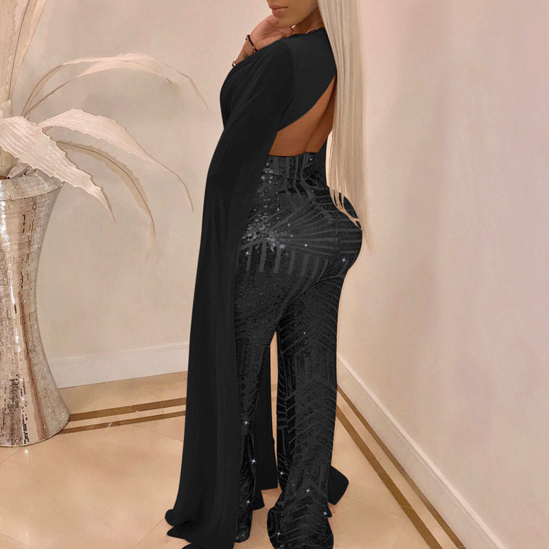 Fashion Sequins Patchwork V-neck Slit Long Sleeve Wide Leg Party Jumpsuit
