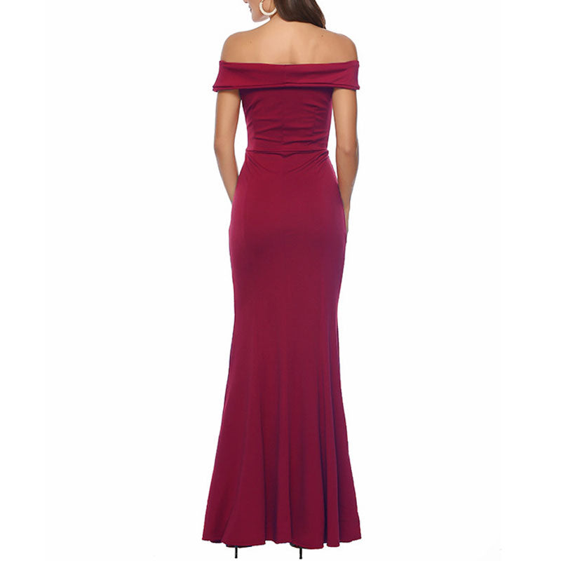 Solid Off Shoulder Slit Maxi Dress