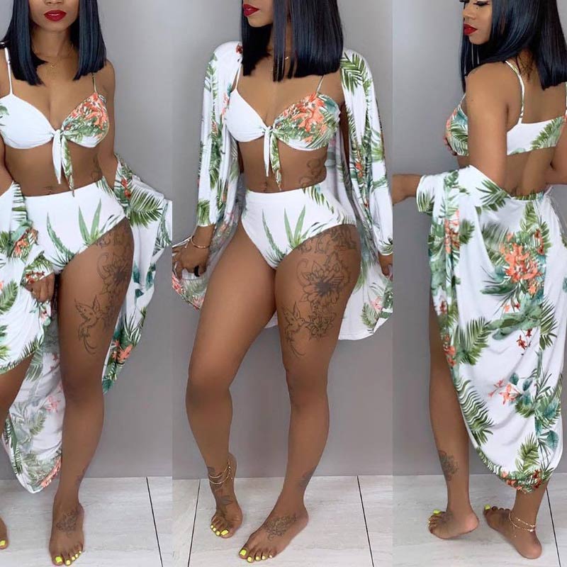 Floral Pattern Long Sleeve Three Piece Swimsuit Set