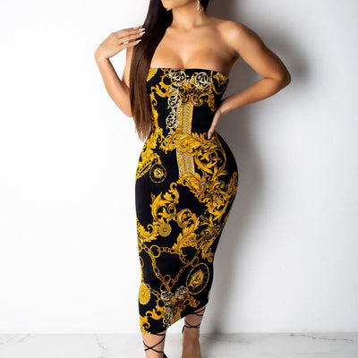 Chains Print High Off Shoulder Sleeveless Bodycon Dress