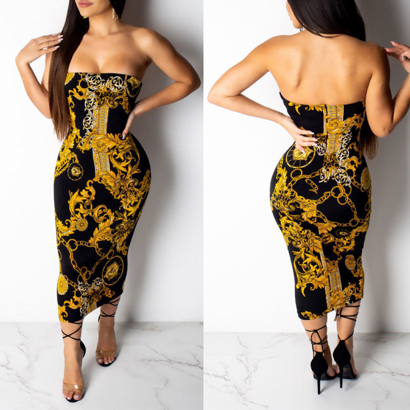 Chains Print High Off Shoulder Sleeveless Bodycon Dress