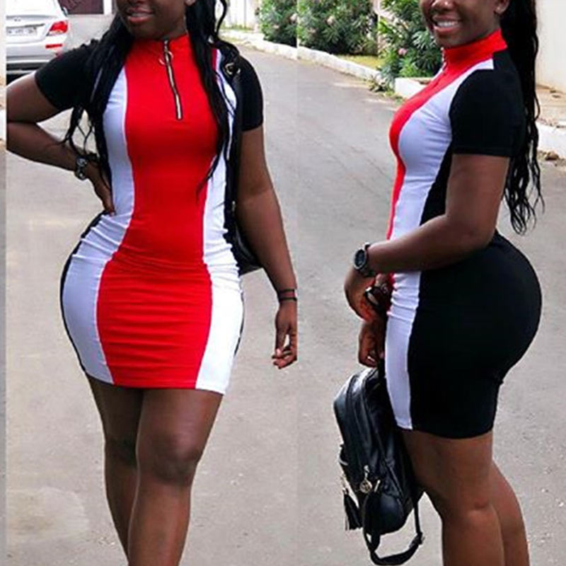 Colorblock Short Sleeve Zipper Design Bodycon Dress