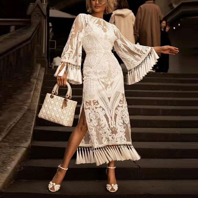 Solid Long Sleeve Lace Patchwork Tassel Design Dress Set
