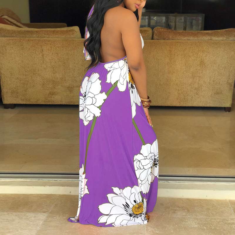 Floral Print Halter Sleeveless Maxi Dress With Headscarf