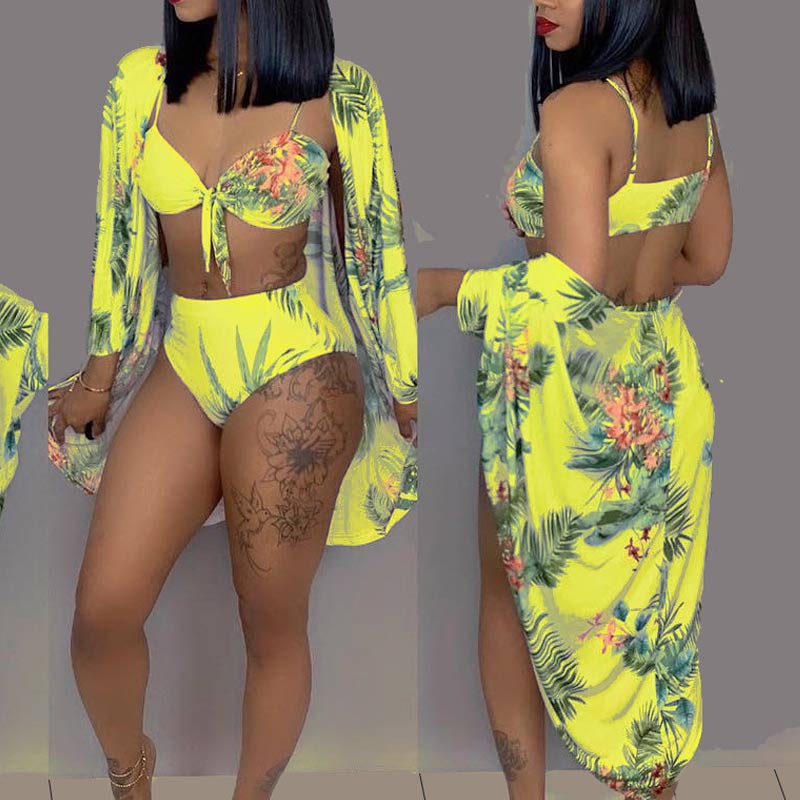 Floral Pattern Long Sleeve Three Piece Swimsuit Set