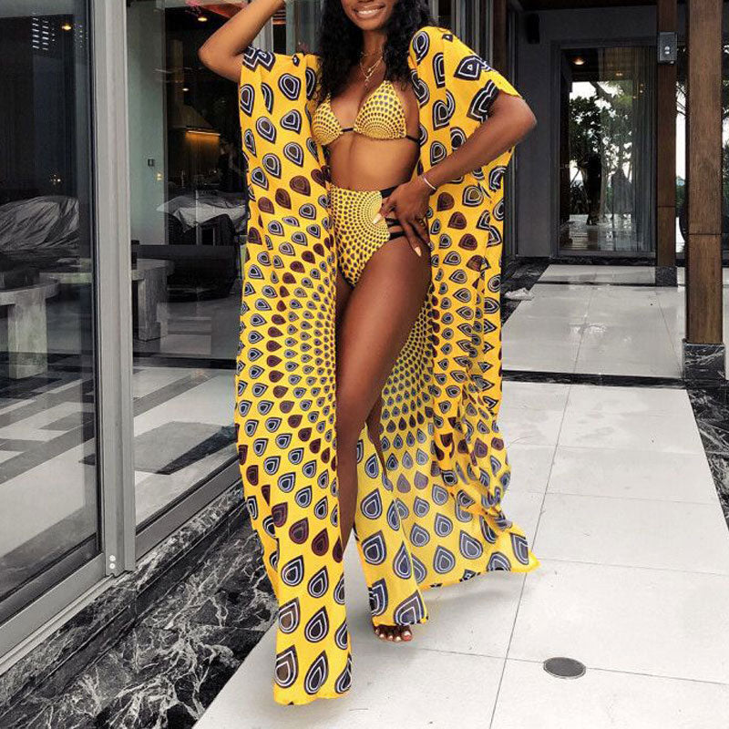 Print Cut Out 2PCS Bikini Set With Cover Up Dress