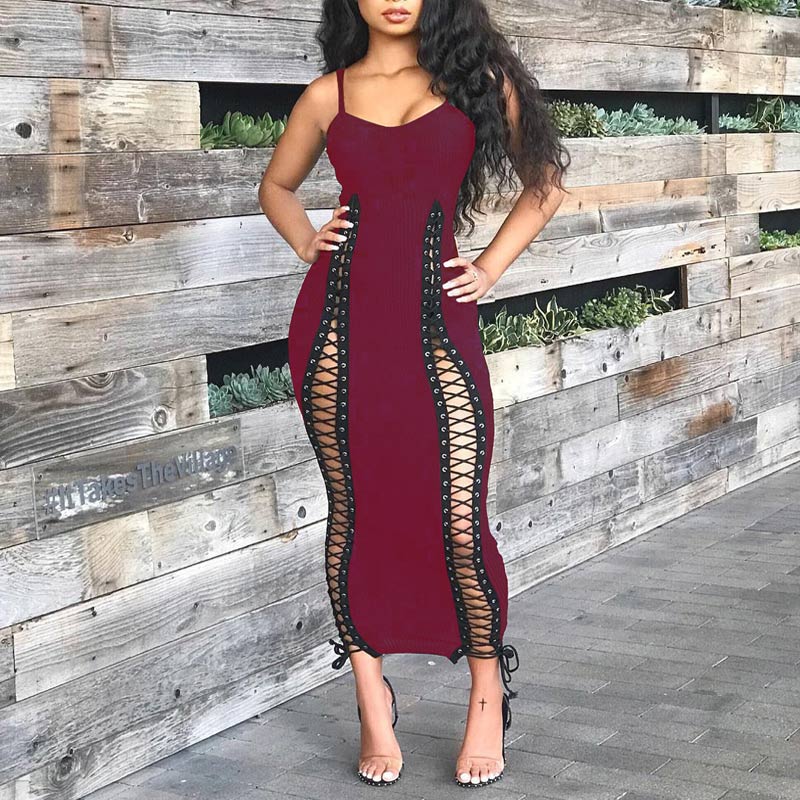 Solid V-Neck Sleeveless Hollow Out Lace Up Maxi Dress