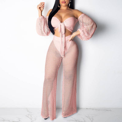 Solid Hollow Out Long Sleeve 2PCS Set