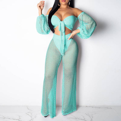 Solid Hollow Out Long Sleeve 2PCS Set