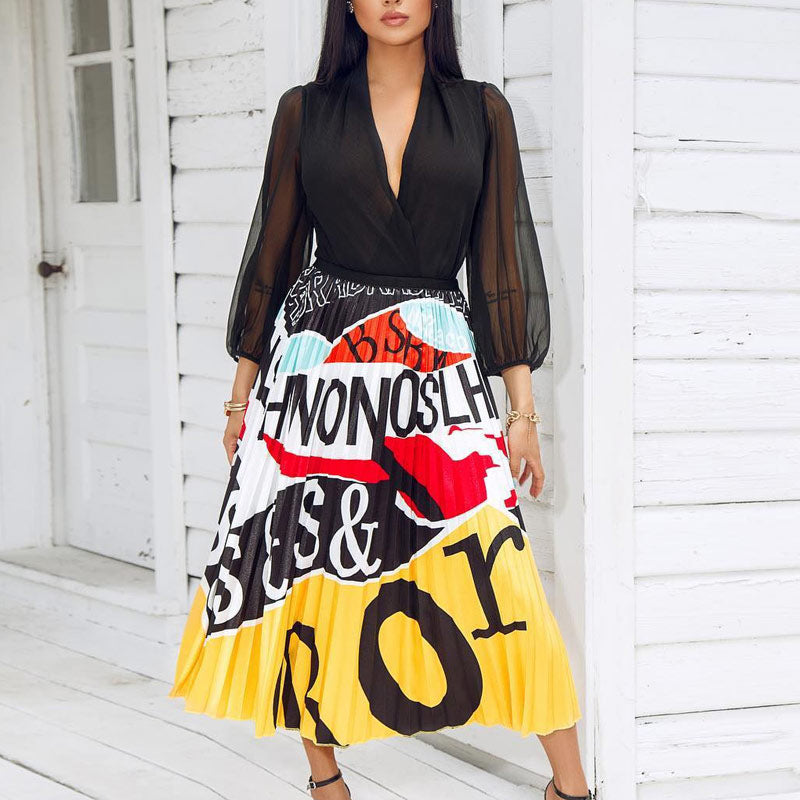 Cartoon Figure Print Long Sleeve Pleated Dress