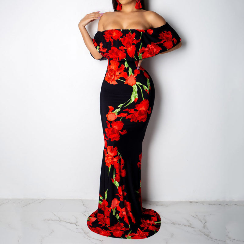 Sunflower Print Off Shoulder Maxi Dress