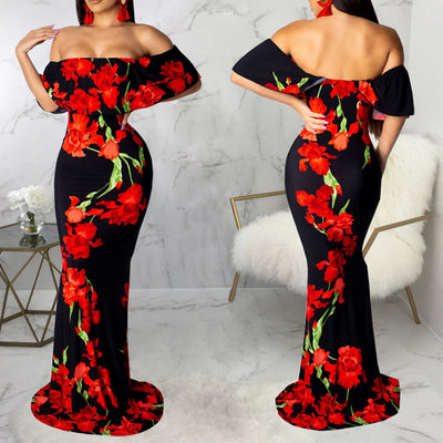 Sunflower Print Off Shoulder Maxi Dress
