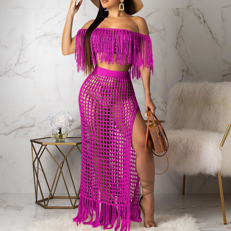 Solid Hollow Out Tassel Design Skirt Set