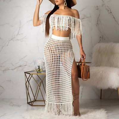 Solid Hollow Out Tassel Design Skirt Set
