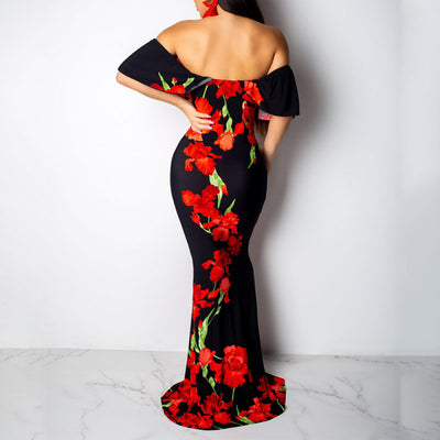 Sunflower Print Off Shoulder Maxi Dress