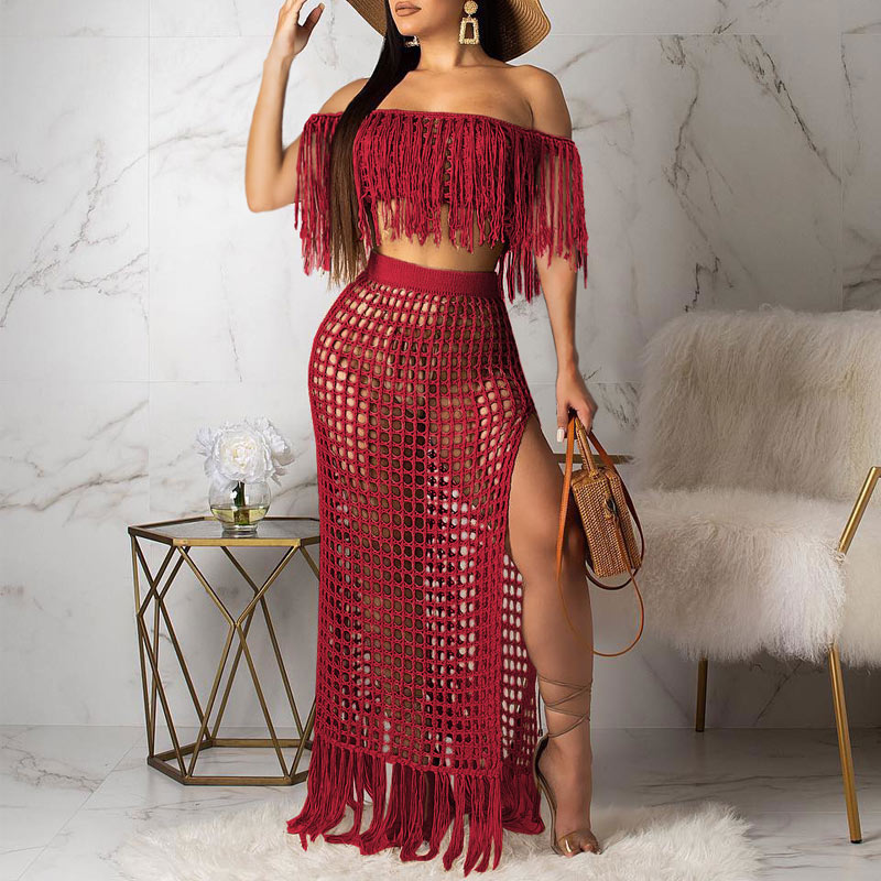Solid Hollow Out Tassel Design Skirt Set