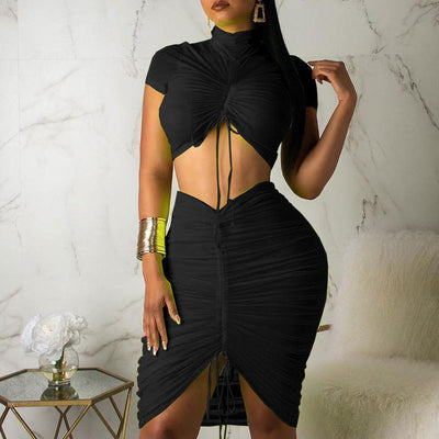 Short Sleeve Pleats Bodycon Top & Skirts Set