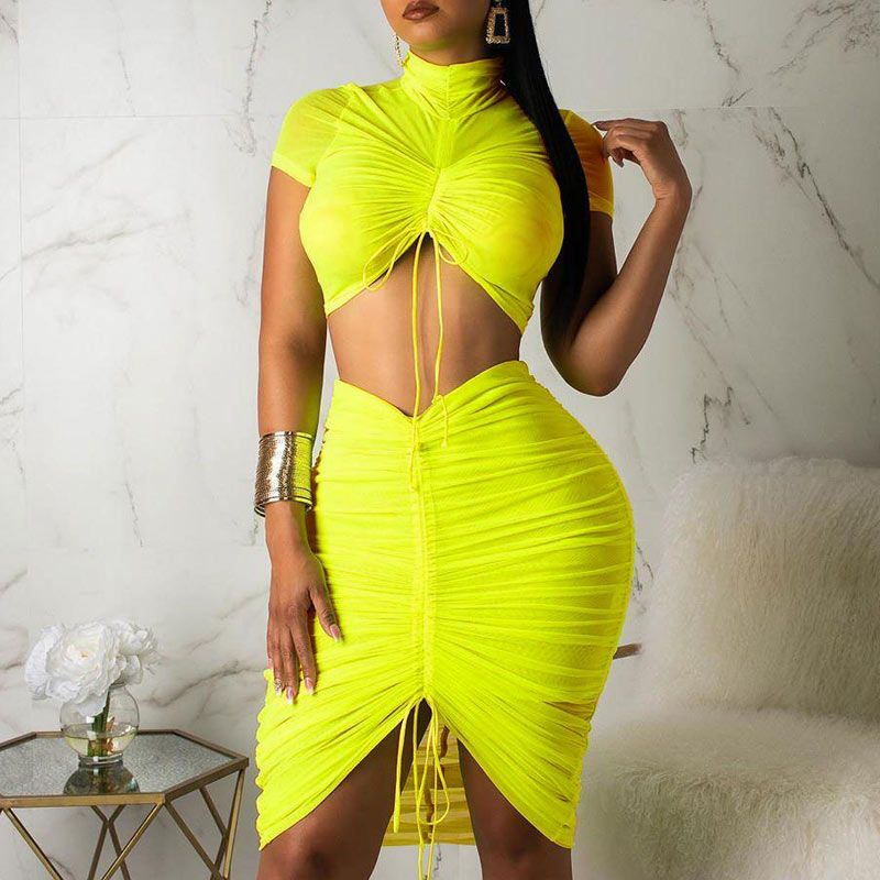 Short Sleeve Pleats Bodycon Top & Skirts Set