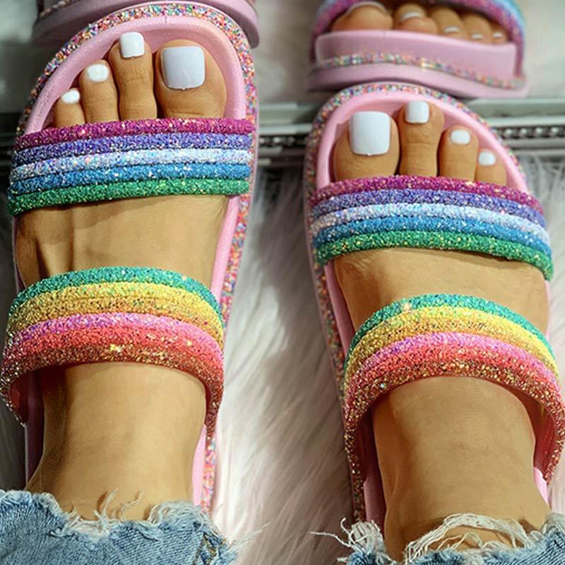 Rainbow Striped Open Toe Flat Slipper - Cherrybetty