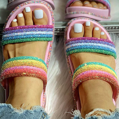 Rainbow Striped Open Toe Flat Slipper - Cherrybetty