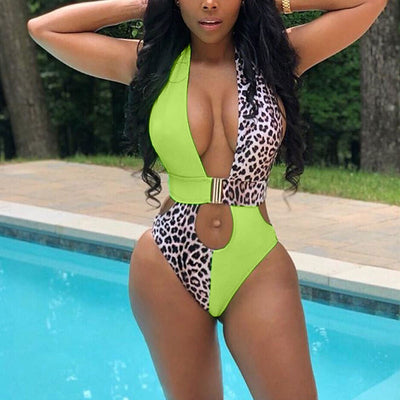 Colorblock Leopard Pattern Hollow Out Swimsuit