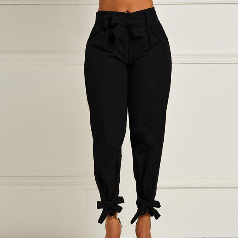 Solid Lace-up High Waist Pants