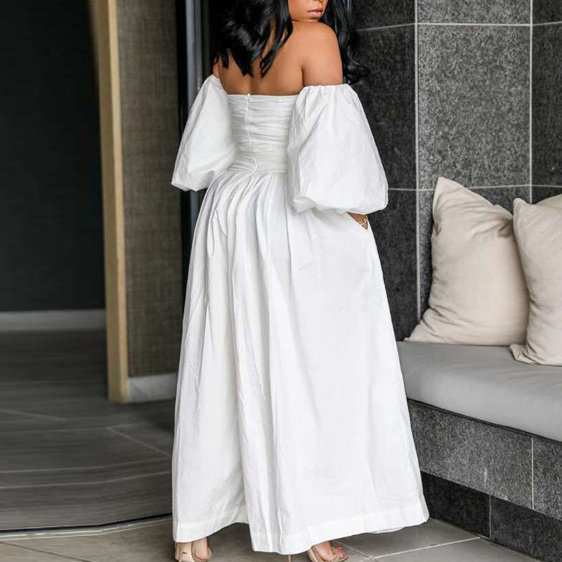 Solid Off Shoulder Lace-up Wide Leg Jumpsuit