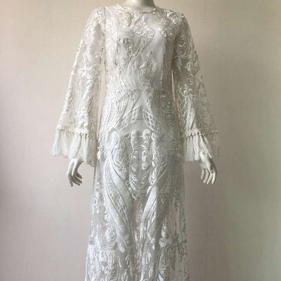 Solid Long Sleeve Lace Patchwork Tassel Design Dress Set