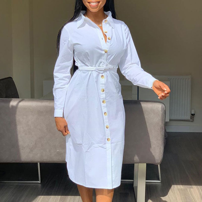 Solid Long Sleeve Button Detailed Shirt Dress