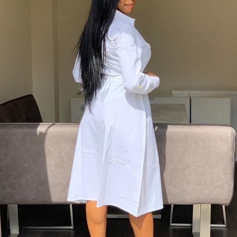Solid Button Detailed Long Sleeve Shirt Dress