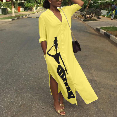 Ladies Print Button Long Sleeve Split Shirt Dress