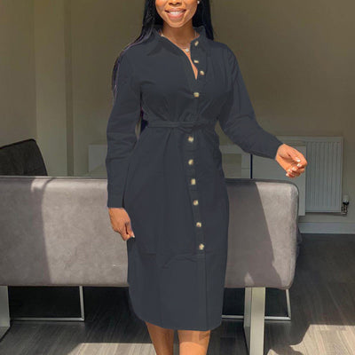 Solid Button Detailed Long Sleeve Shirt Dress