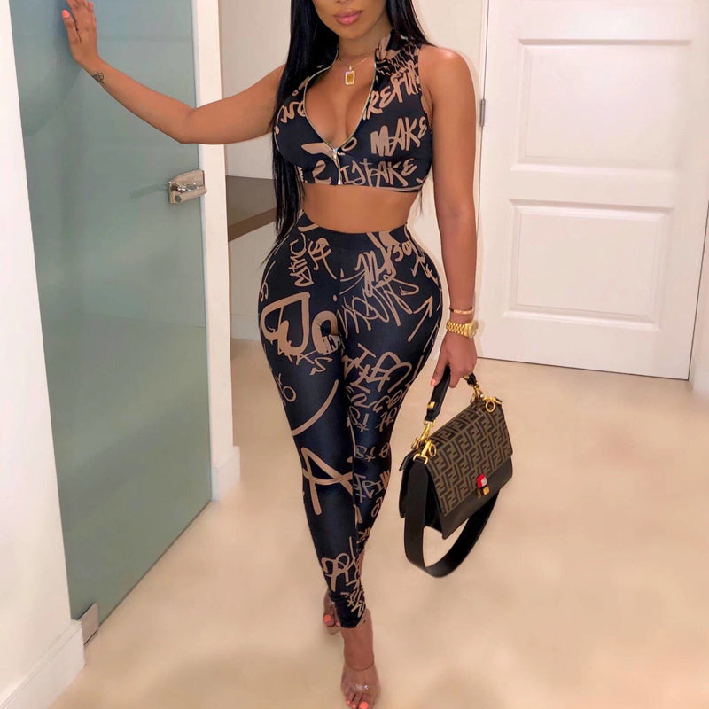 Letter Print Zipper Design Two Piece Set