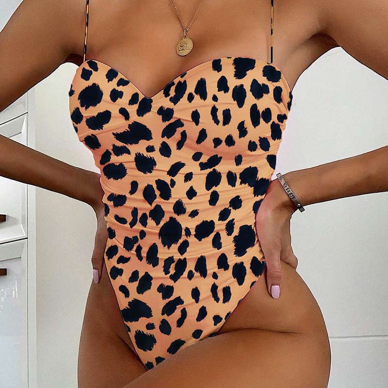 Leopard Pattern Sleeveless Spaghetti Strap One Piece Swimsuit