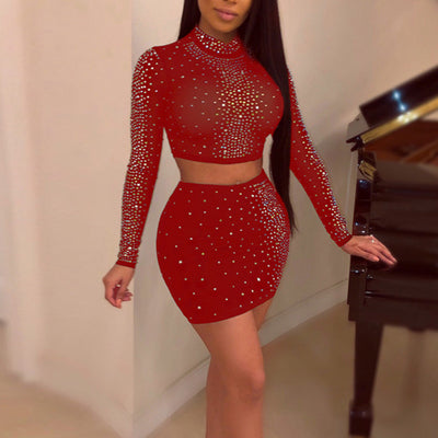 Sequins Rhinestone Sheer Mesh Patchwork Long Sleeve Top & Skirts Set