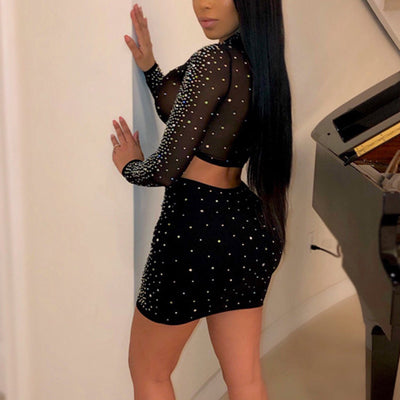 Sequins Rhinestone Sheer Mesh Patchwork Long Sleeve Top & Skirts Set