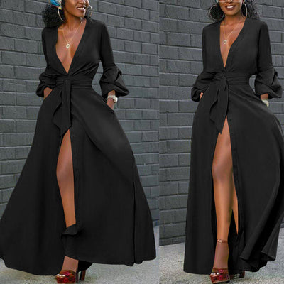 Solid Deep V-Neck High Split Dress