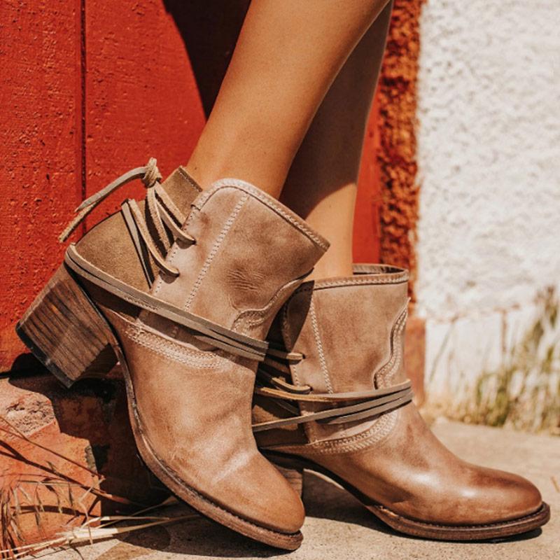 Vintage Strappy Chunky Heel Ankle Boots - Cherrybetty