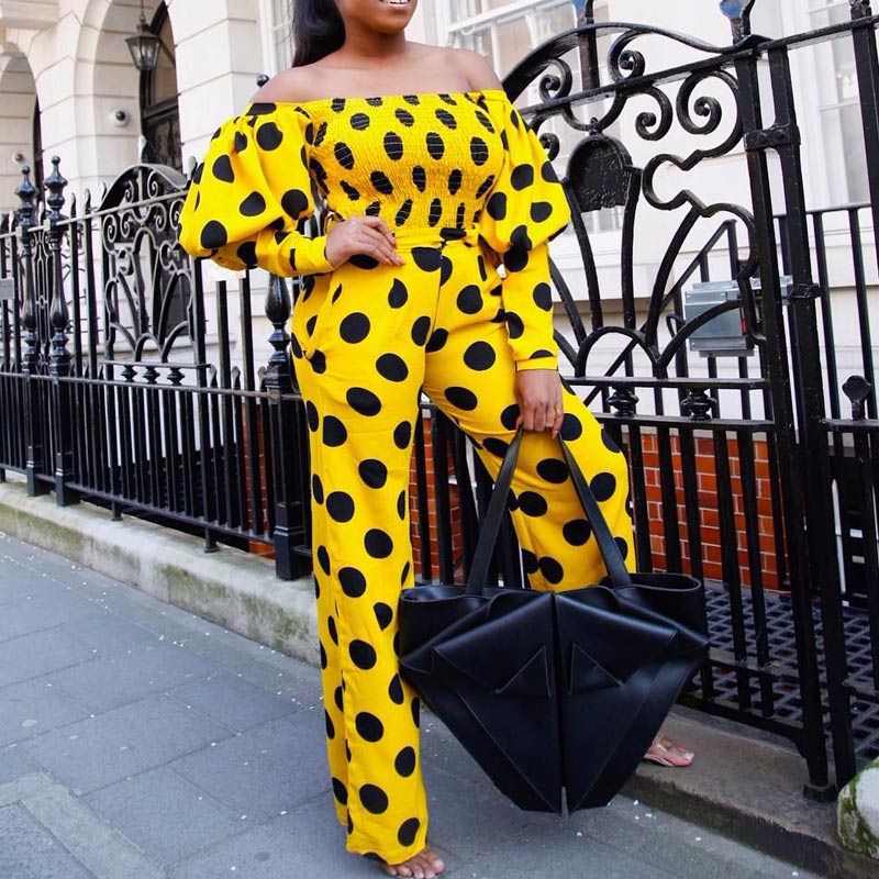 Polka Dot Lantern Sleeve Off Shoulder Wide Leg Jumpsuit