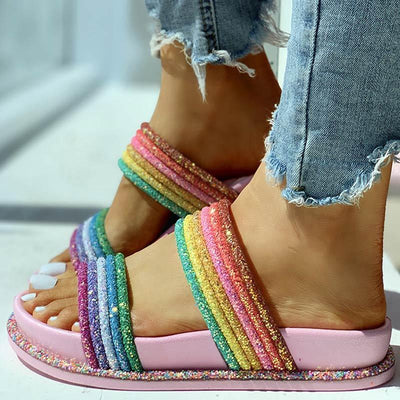 Rainbow Striped Open Toe Flat Slipper - Cherrybetty