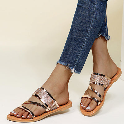 Solid Rhinestone Decoration Flat Sandals