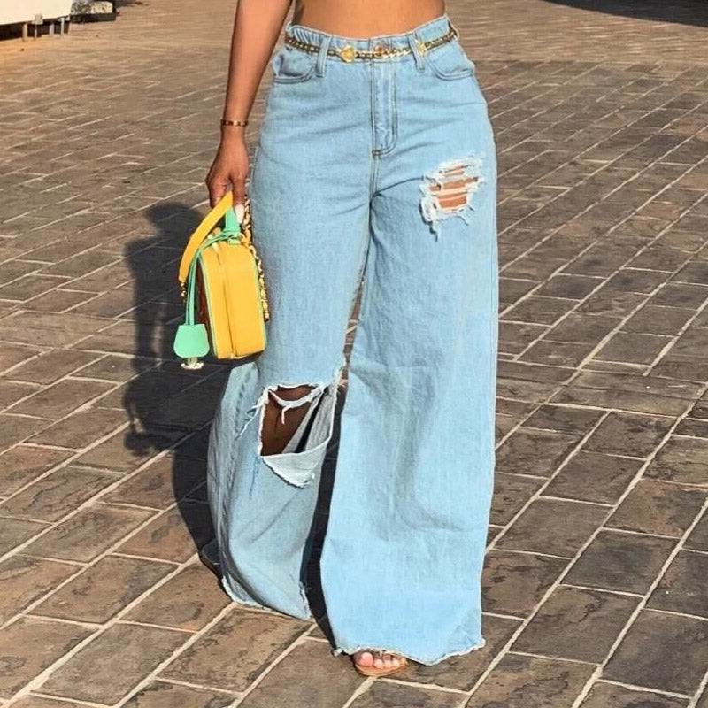 High Waist Ripped Wide Leg Denim Casual Pants